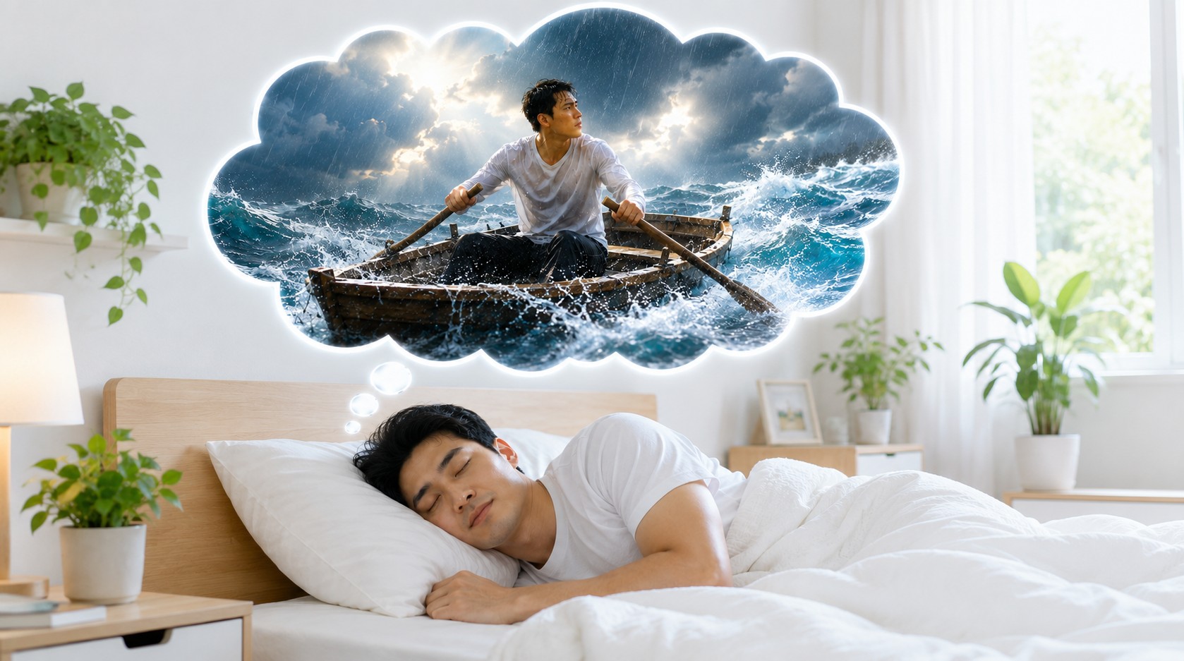 Người đàn ông đang ngủ, mơ thấy mình chèo thuyền giữa biển bão