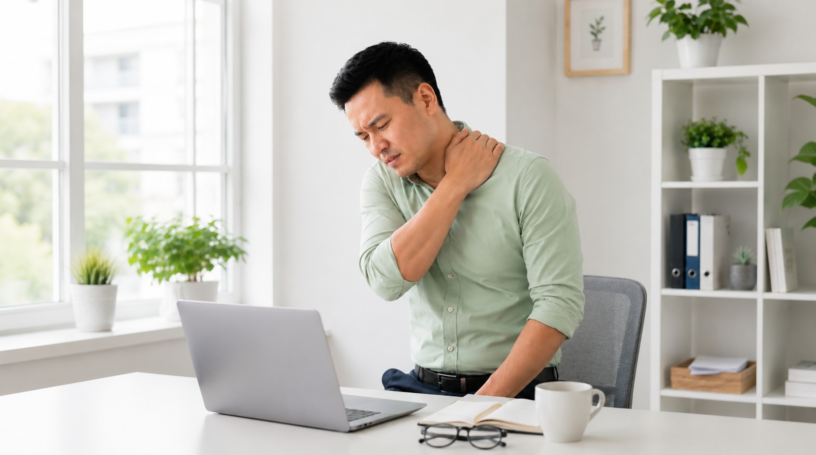 Người đàn ông ngồi bàn làm việc, tay xoa vai gáy vì căng mỏi