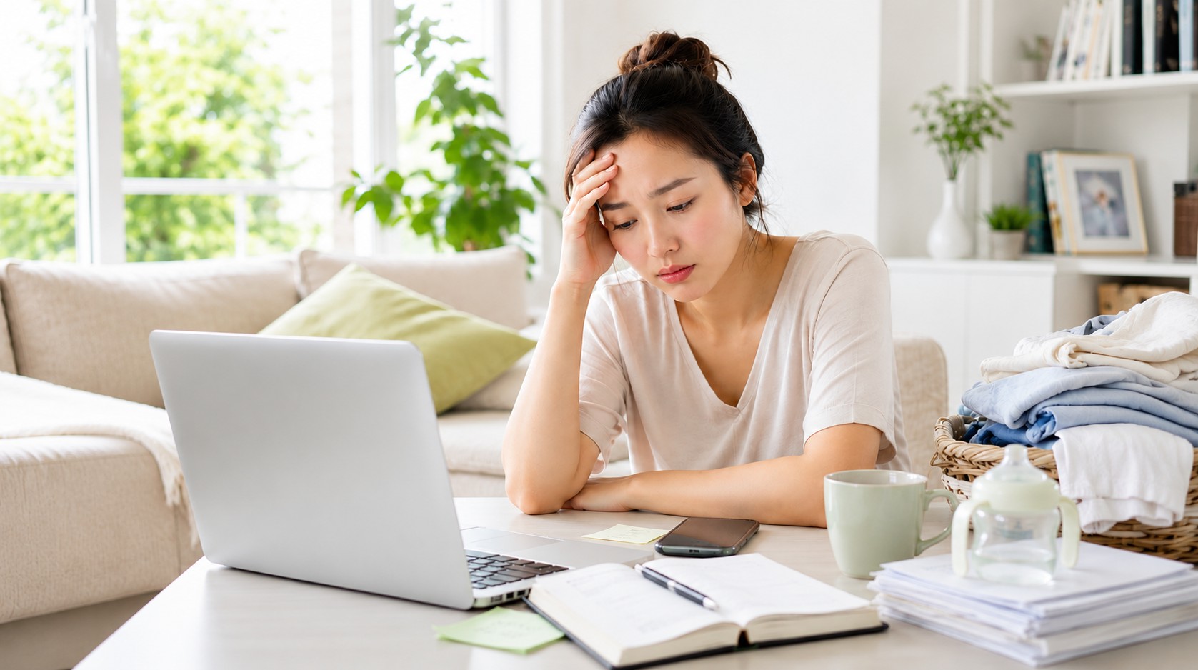 Người phụ nữ ôm trán mệt mỏi bên máy tính và đống việc nhà