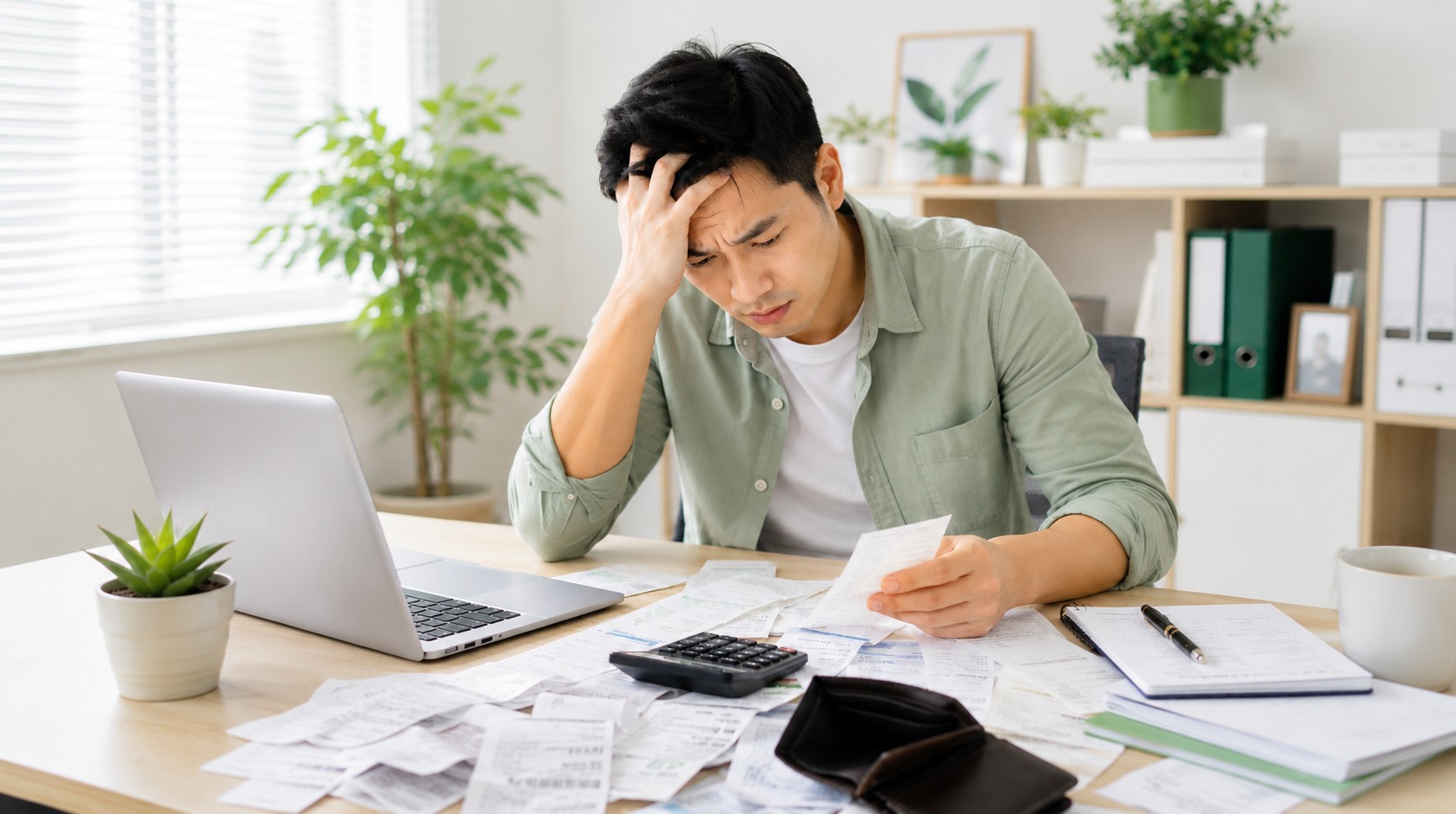 Người đàn ông căng thẳng bên bàn đầy hoá đơn, máy tính và ví tiền