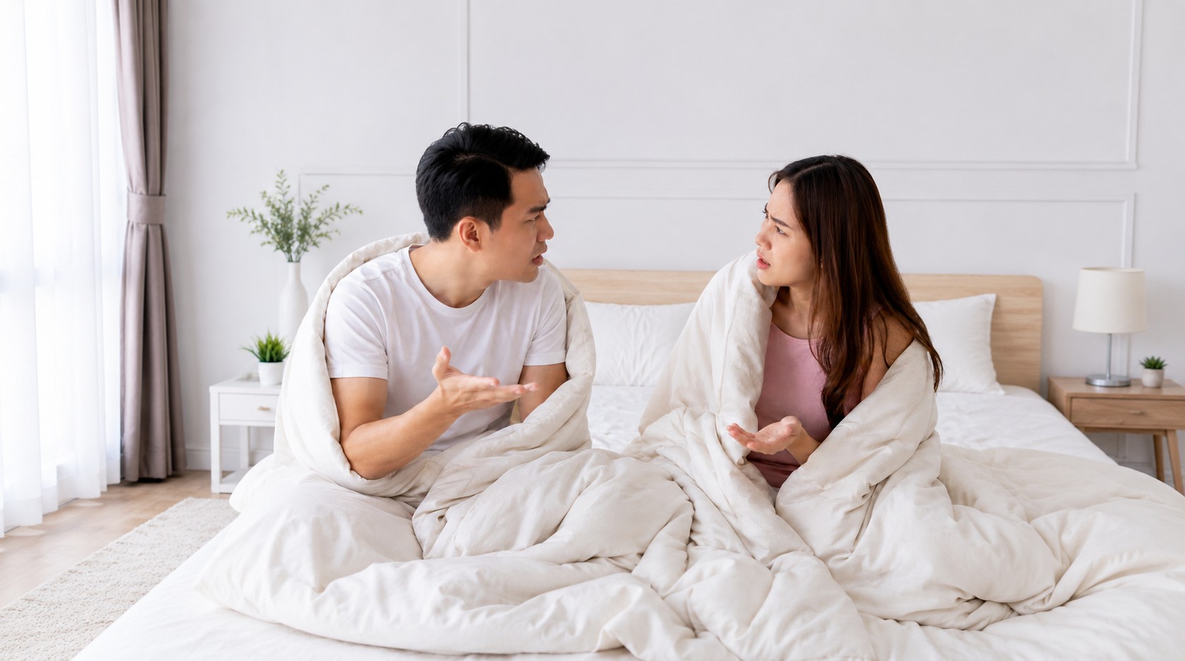 Hai vợ chồng ngồi trên giường, đang tranh luận với nhau