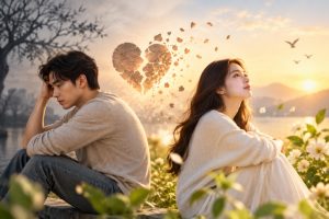Hai người ngồi tách nhau, trái tim vỡ dần trong hoàng hôn – minh hoạ chữa lành sau chia tay